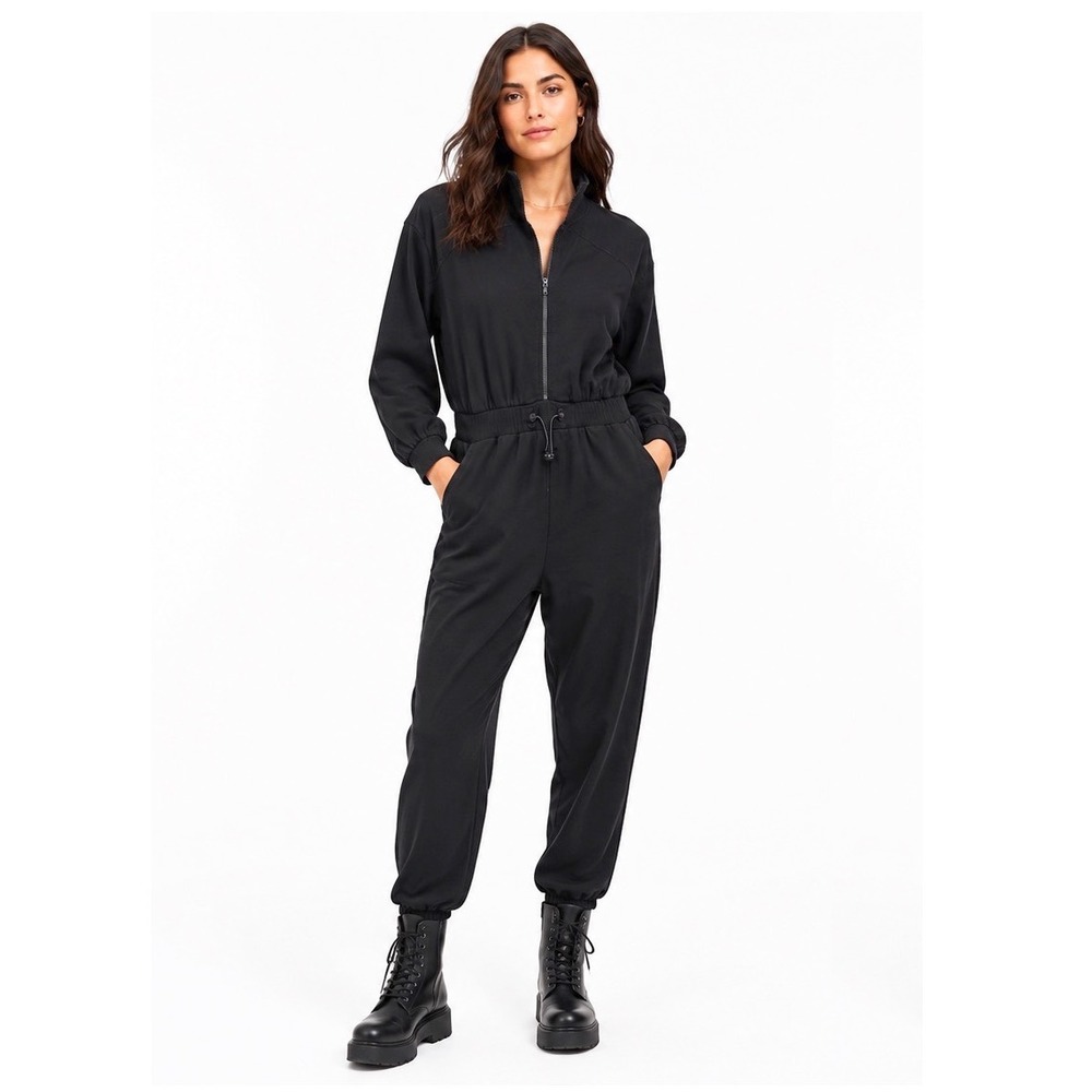 Zara Black Zip Front Long Sleeve Utility Jogger Jumpsuit L Streetwear 114-13